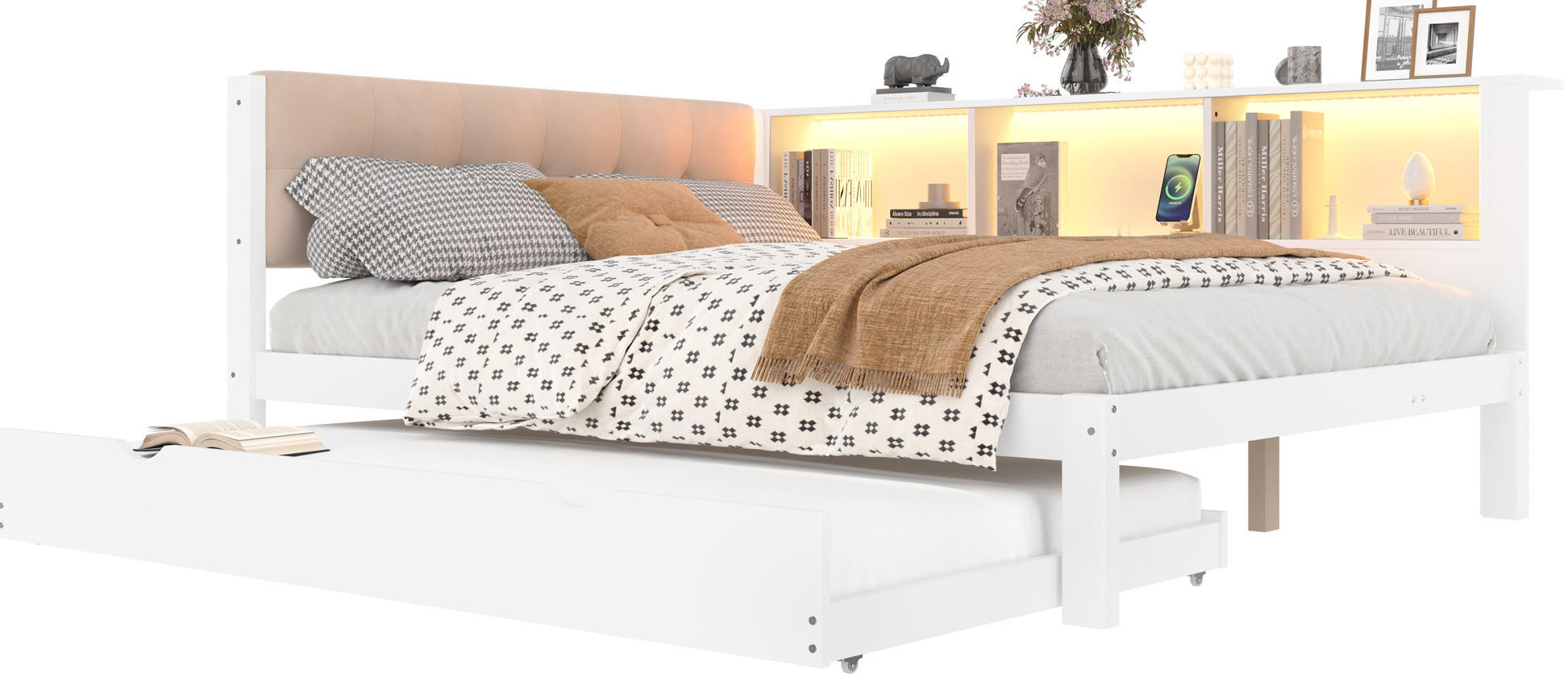 TAGESBETT 140/200 cm Weiß aus Kiefernholz und MDF mit Ausziehbett, Regal, USB-Anschluss und LED-Leiste - Weiß, Holz (140/200cm) - OKMYHOME