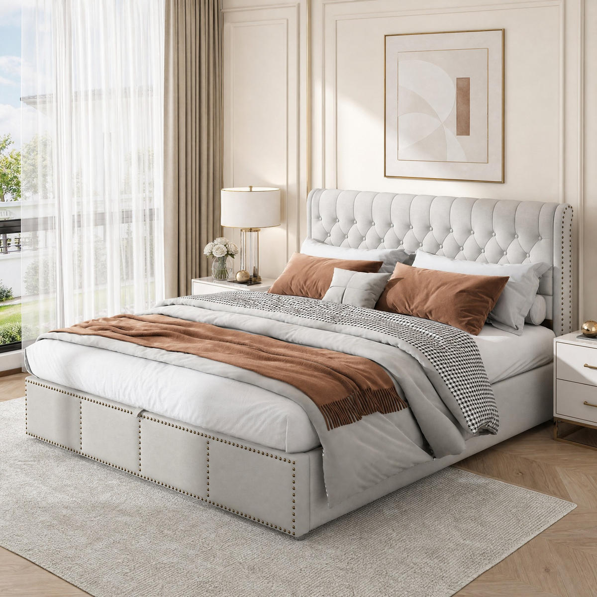 POLSTERBETT 160/200 cm in Grau Leinen mit Bettkasten und Nieten - Hellgrau, Holzwerkstoff/Textil (160/200cm) - CHICFURN