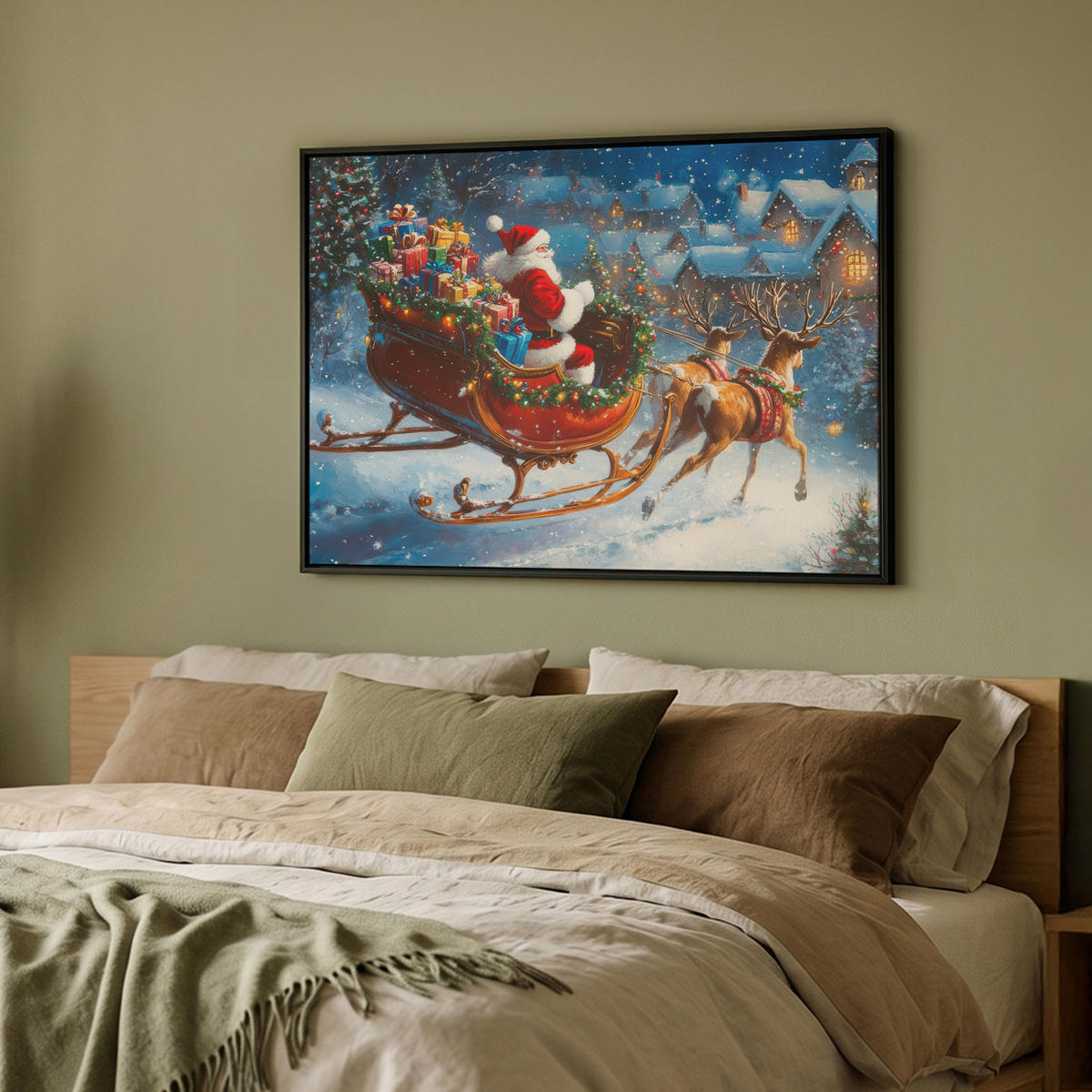 LEINWAND Bilder mit Rahmen - Weihnachtsmann - Rentier - Weihnachten - Schnee - 100x70 - Cognac, Textil (100/70cm) - MuchoWow