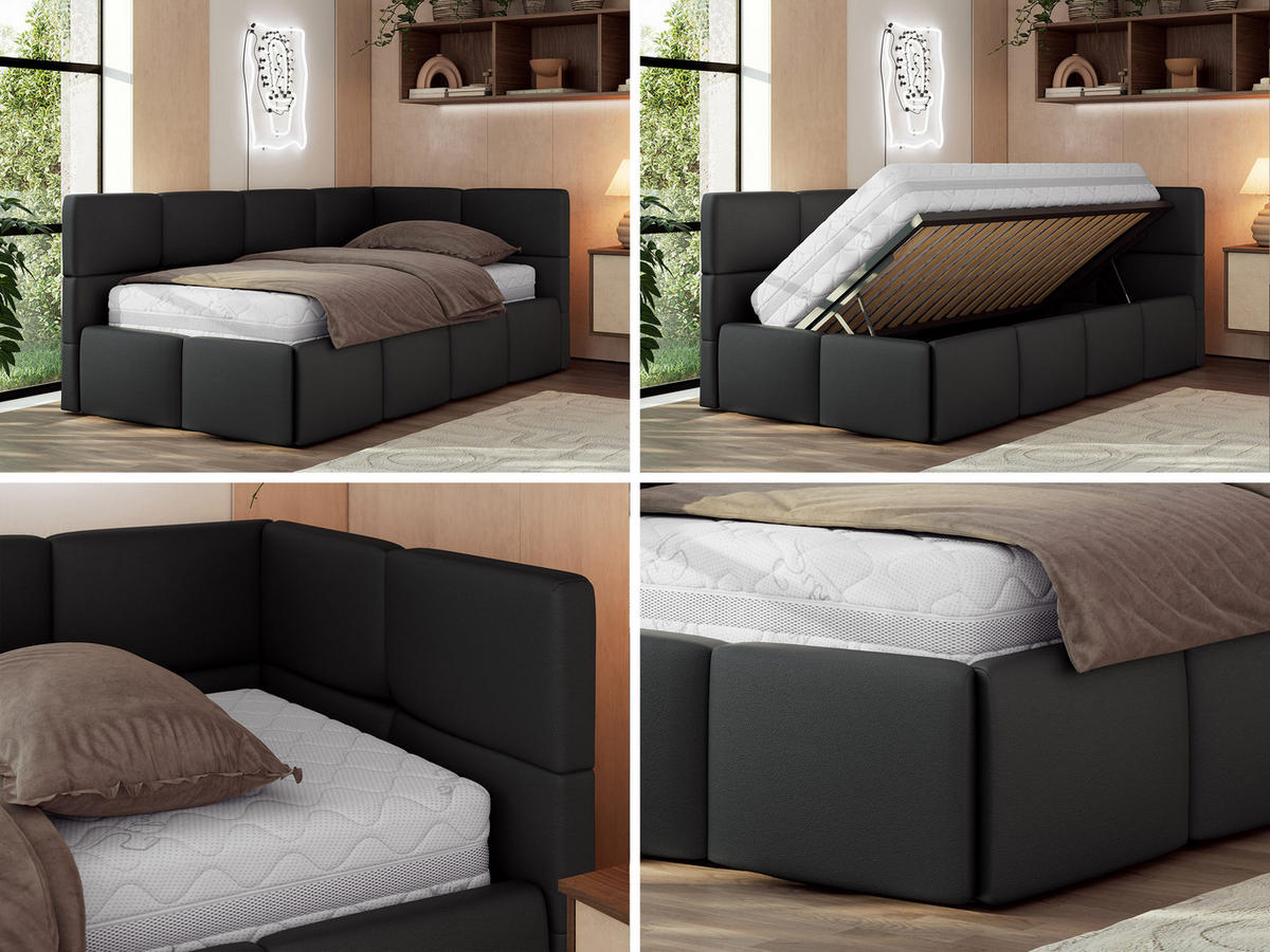 JUGENDBETT ARVO 90/200 - Schwarz Kunstleder - Pocket-Matratze - Rechts Seite - Schwarz, Textil (90/200cm) - MKS