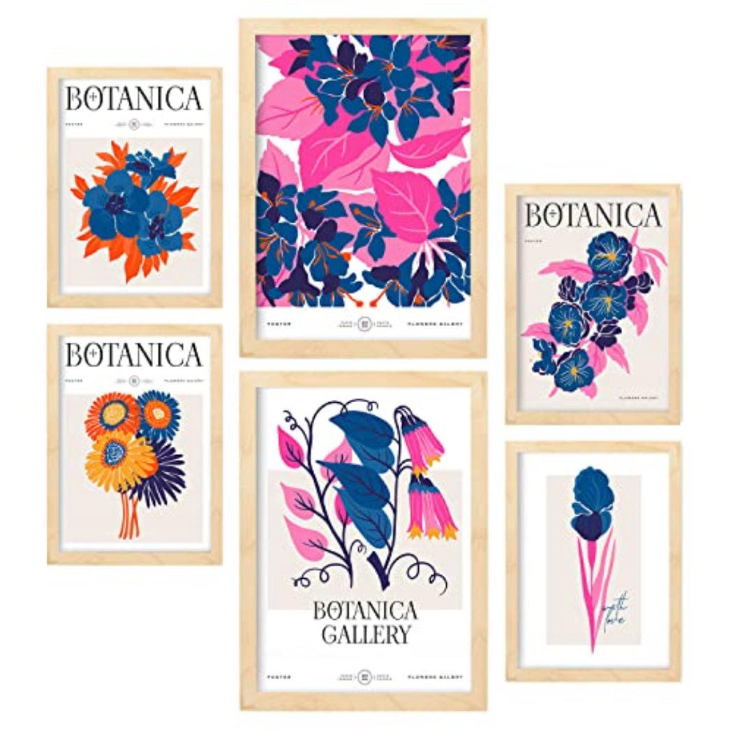 POSTER Set Mit 6 Blumen Botanische Galerie Natur Und Botanikdrucke Für Innenarchitektur A3 & A4 Rahmen Aus Hellem Holz - Beige, Papier (29/3cm) - Nacnic
