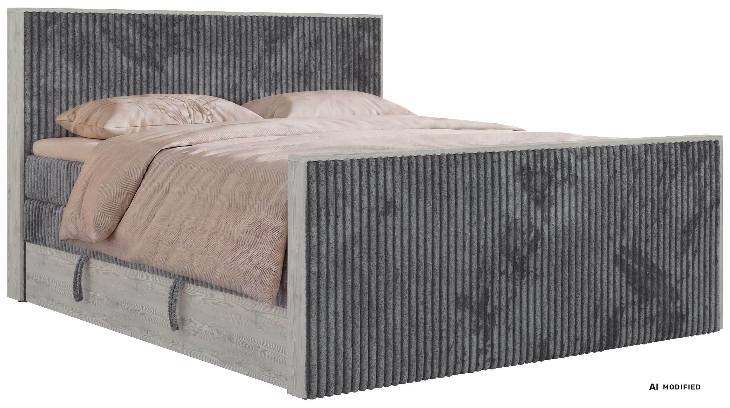 BOXSPRINGBETT NORDIC KING DUO 180/200 - Grau Cord - Topper Visco - H4 - Schwarz/Grau, Kunststoff/Textil (180/200cm) - MKS