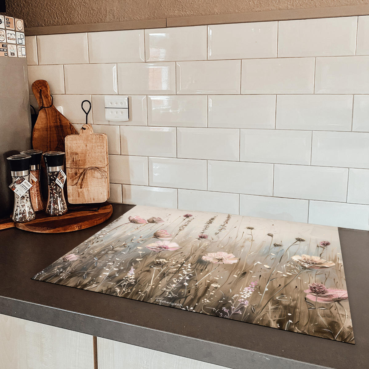 HERDABDECKPLATTE Blumen - Beige - Trockenblumen 70x52 cm - Beige, Kunststoff (70/52/0.2cm) - MuchoWow