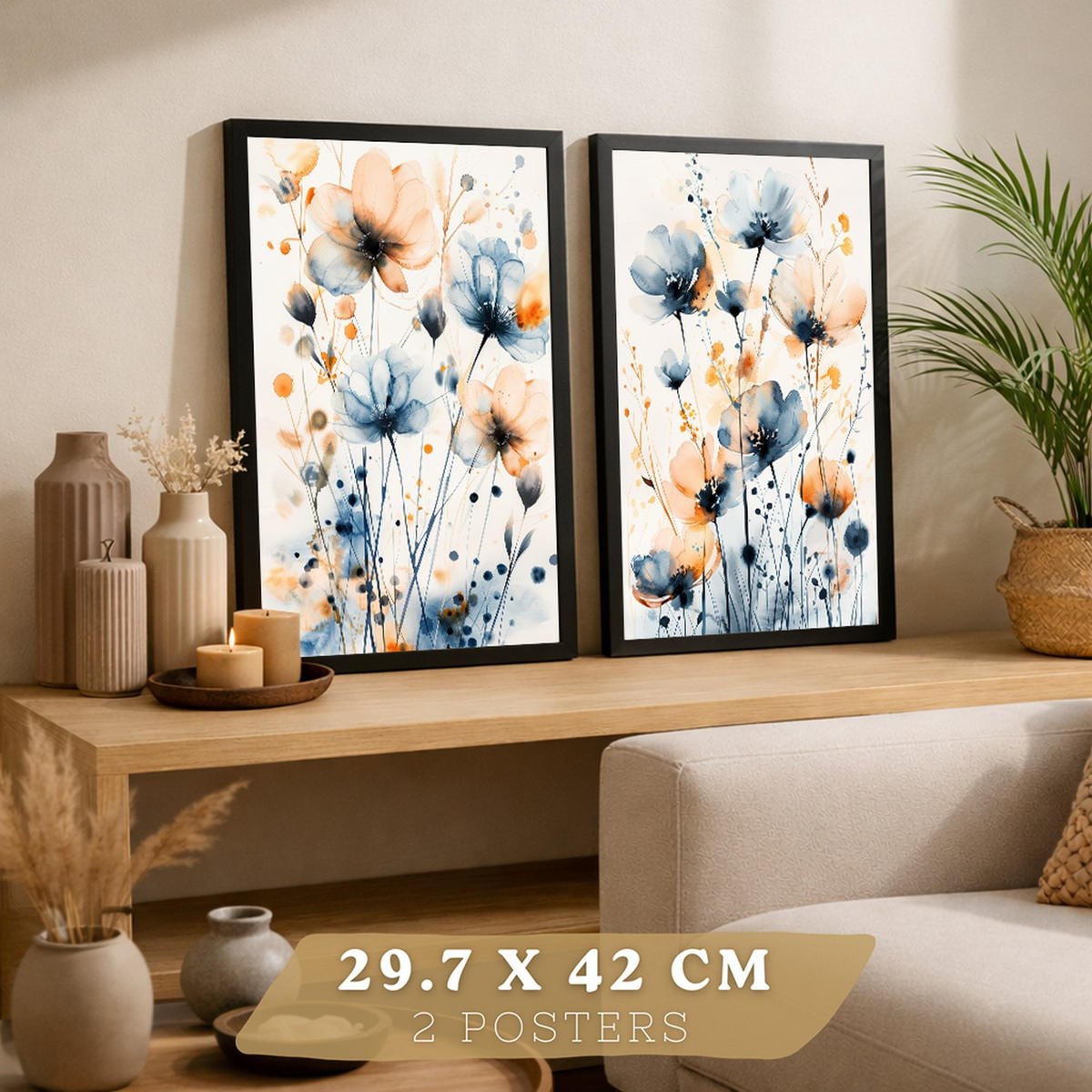 PLAKAT Sada 2 Modro-oranžový květ A3 Černý rám - černá, papír (29.7/1/42cm) - Nacnic
