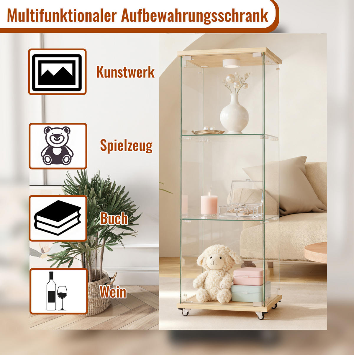 VITRINE aus MDF und Glas 42x36x120 cm Natur mit LED-Beleuchtung und Fernbedienung - Naturfarben, Holzwerkstoff (42.5/120/36.5cm) - IVMEU