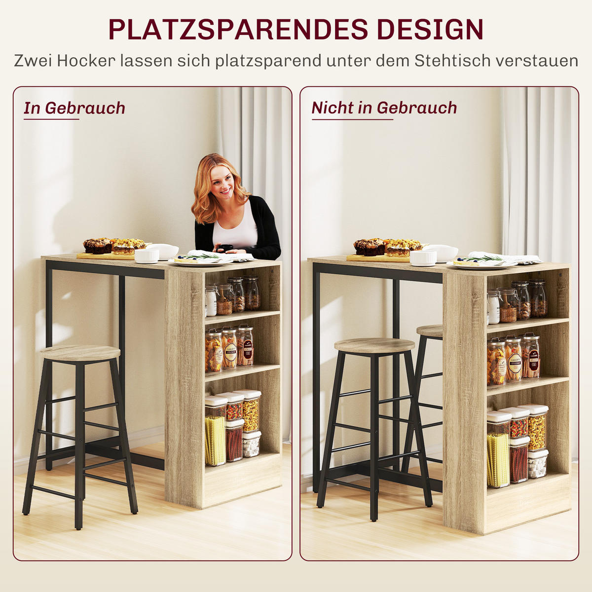 BARTISCH mit Barhocker Set, 3-tlg. Bartisch-Set mit Küchentisch, Stauraum - Multicolor, Metall (49/91/91cm) - HOMCOM