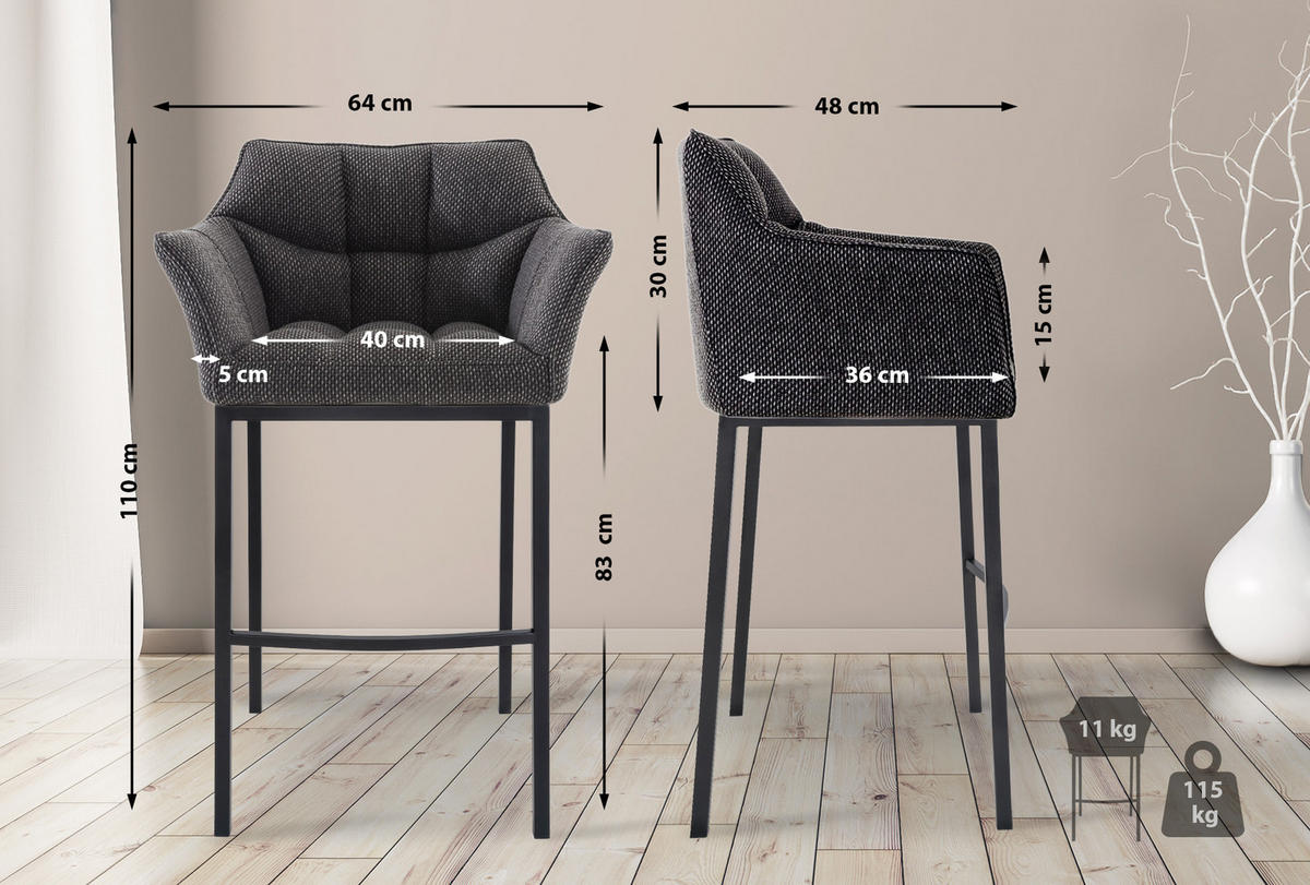 BARHOCKER Stoff titangrau - Graubraun/Schwarz, Textil/Metall (64/110/48cm) - CLP