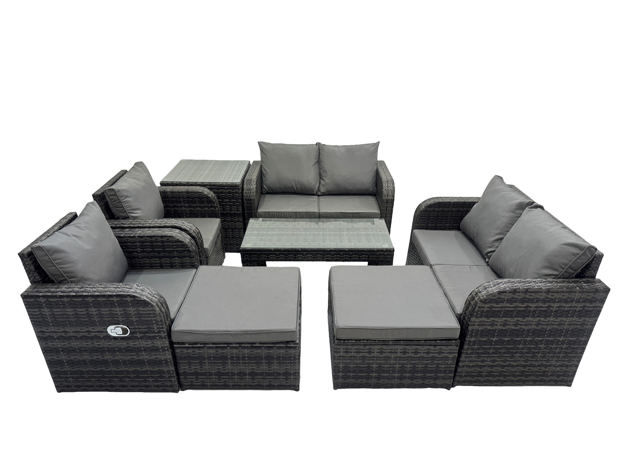 GARTENSOFA SET mit LIEGESTUHL Polyrattan 8-Sitzer Dunkelgrau - Dunkelgrau/Grau, Glas/Kunststoff - Fimous