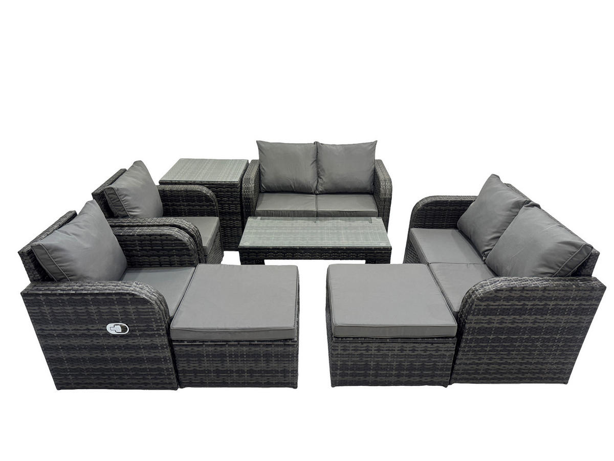 GARTENSOFA SET mit LIEGESTUHL Polyrattan 8-Sitzer Dunkelgrau - Dunkelgrau/Grau, Glas/Kunststoff - Fimous