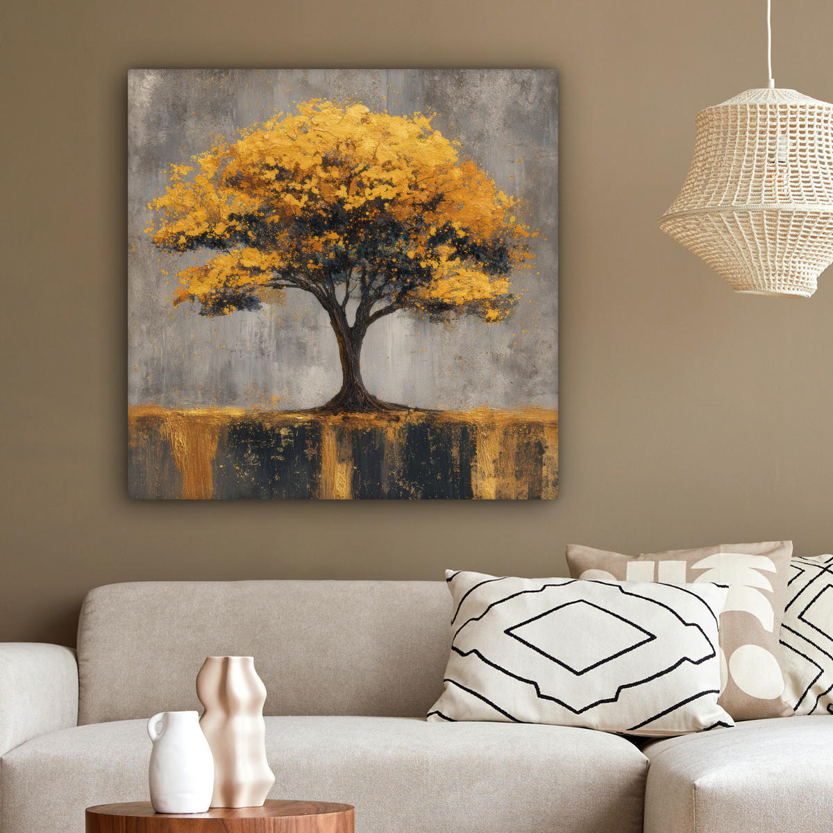 LEINWANDBILD Baum - Blätter - Gold - Abstrakt Deko Groß 90x90 cm - Grau, Textil (90/90cm) - MuchoWow