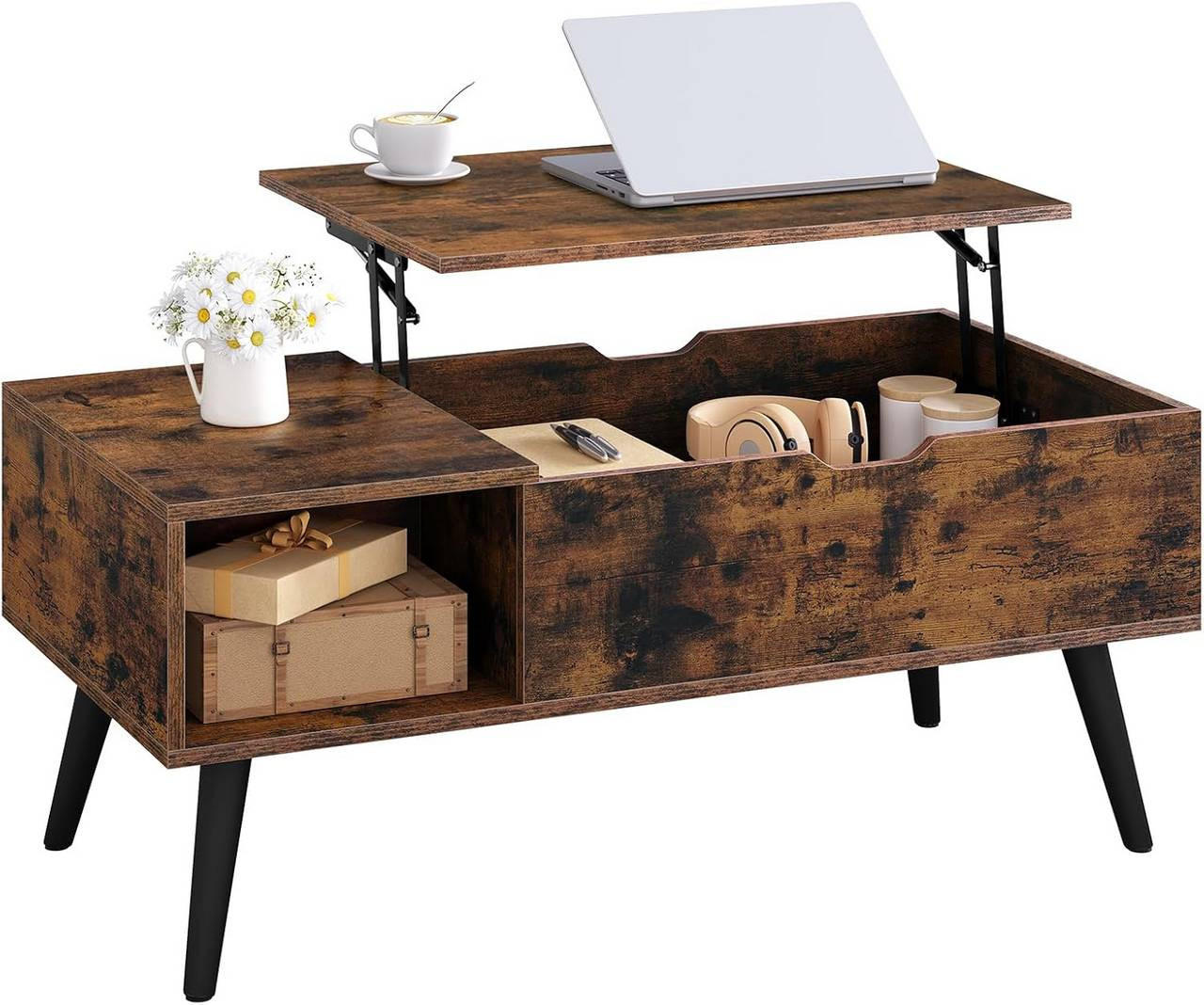 COUCHTISCH höhenverstellbar(47-53 cm), mit Stauraum, Vintagebraun - Dunkelbraun/Schwarz, Holzwerkstoff/Metall (50/100/43cm) - Woltu