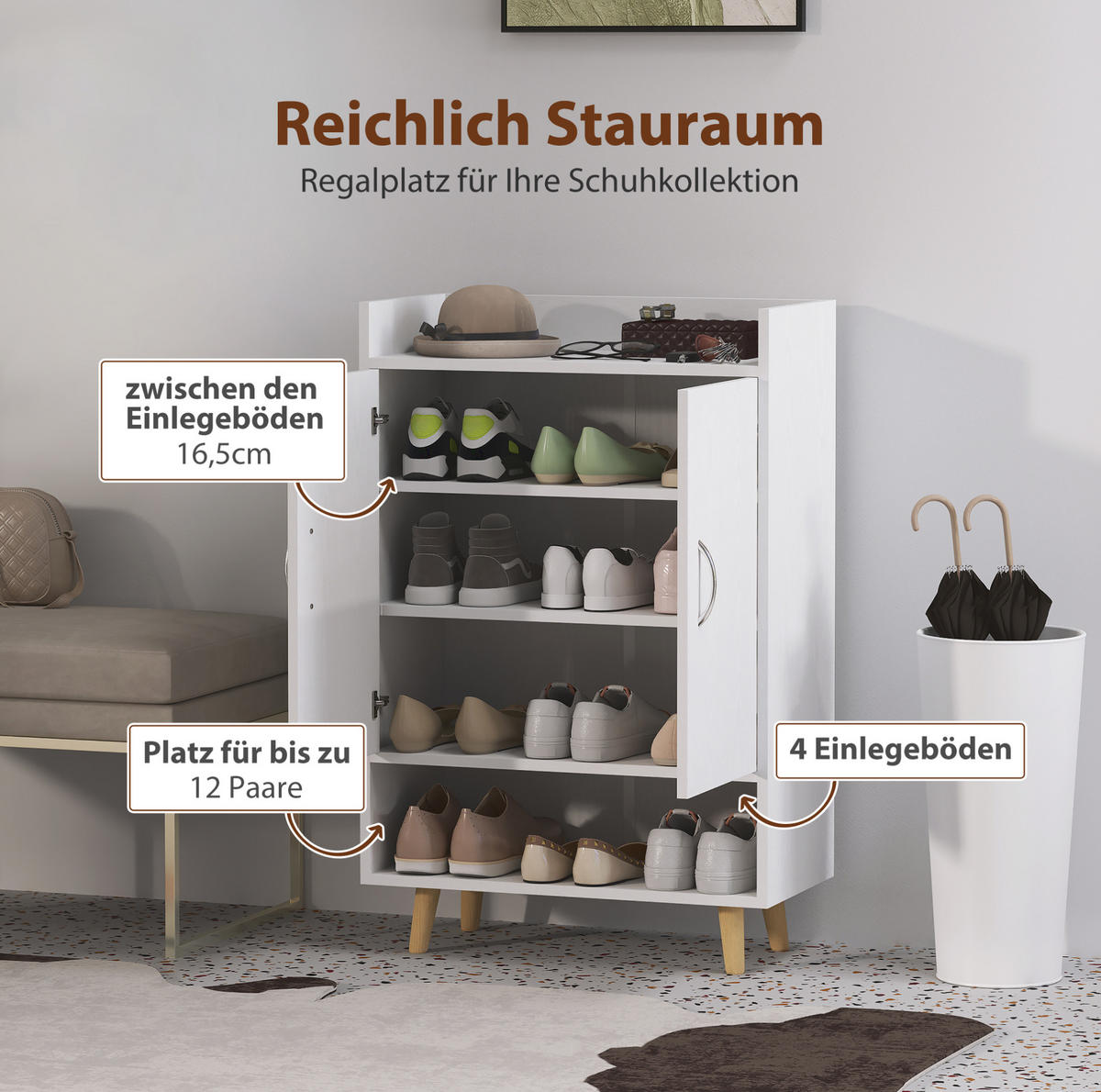 SCHUHSCHRANK 60/30/92 cm Weiß aus Holz mit Türen und 3 Einlegeböden - Weiß, Holzwerkstoff (60/92/30cm) - OKWISH