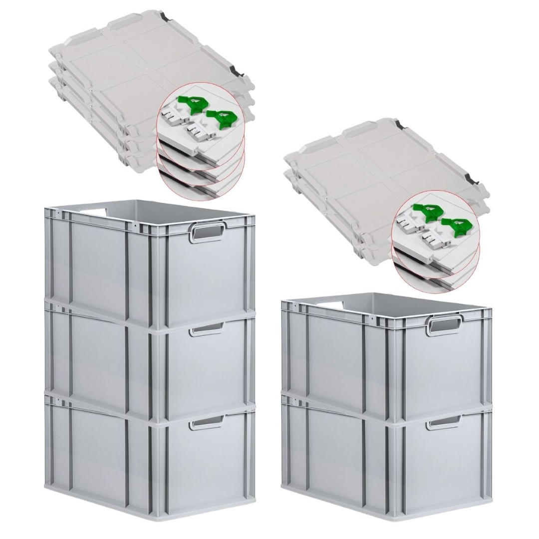 EUROBOX 5x Nextgen Economy Mit Scharnierdeckel Grau/GrünGriffe Offen 65 Liter - Grün, Kunststoff (40/32/60cm) - PROREGAL