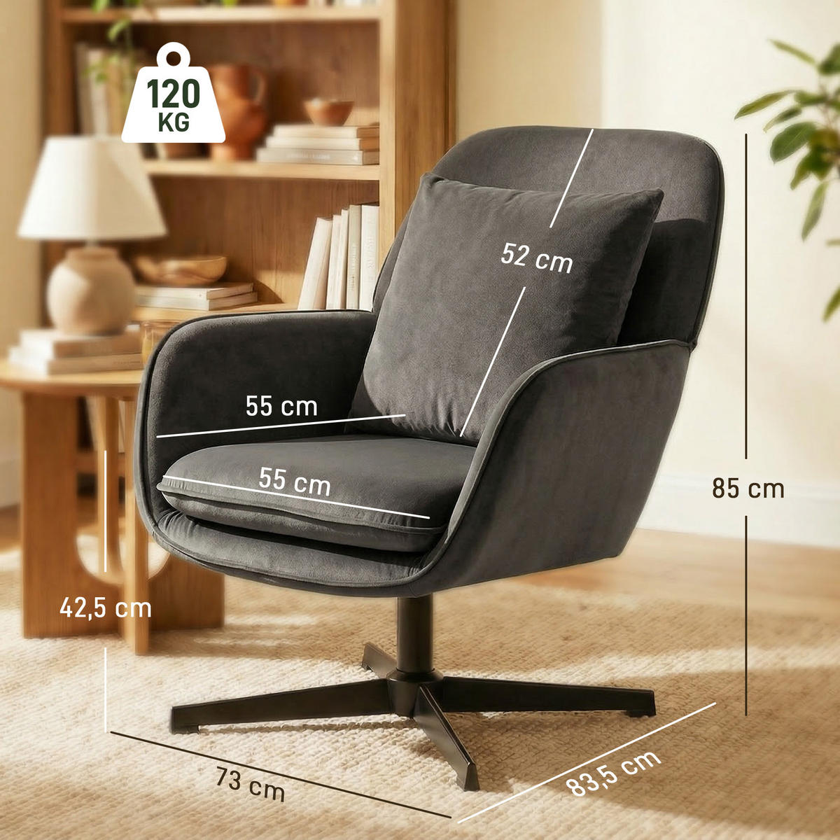 RELAXSESSEL DE-13358 Velours, breite Sitzfläche Dunkelgrau - Dunkelgrau, Metall (73/85/83.5cm) - ComfortXL