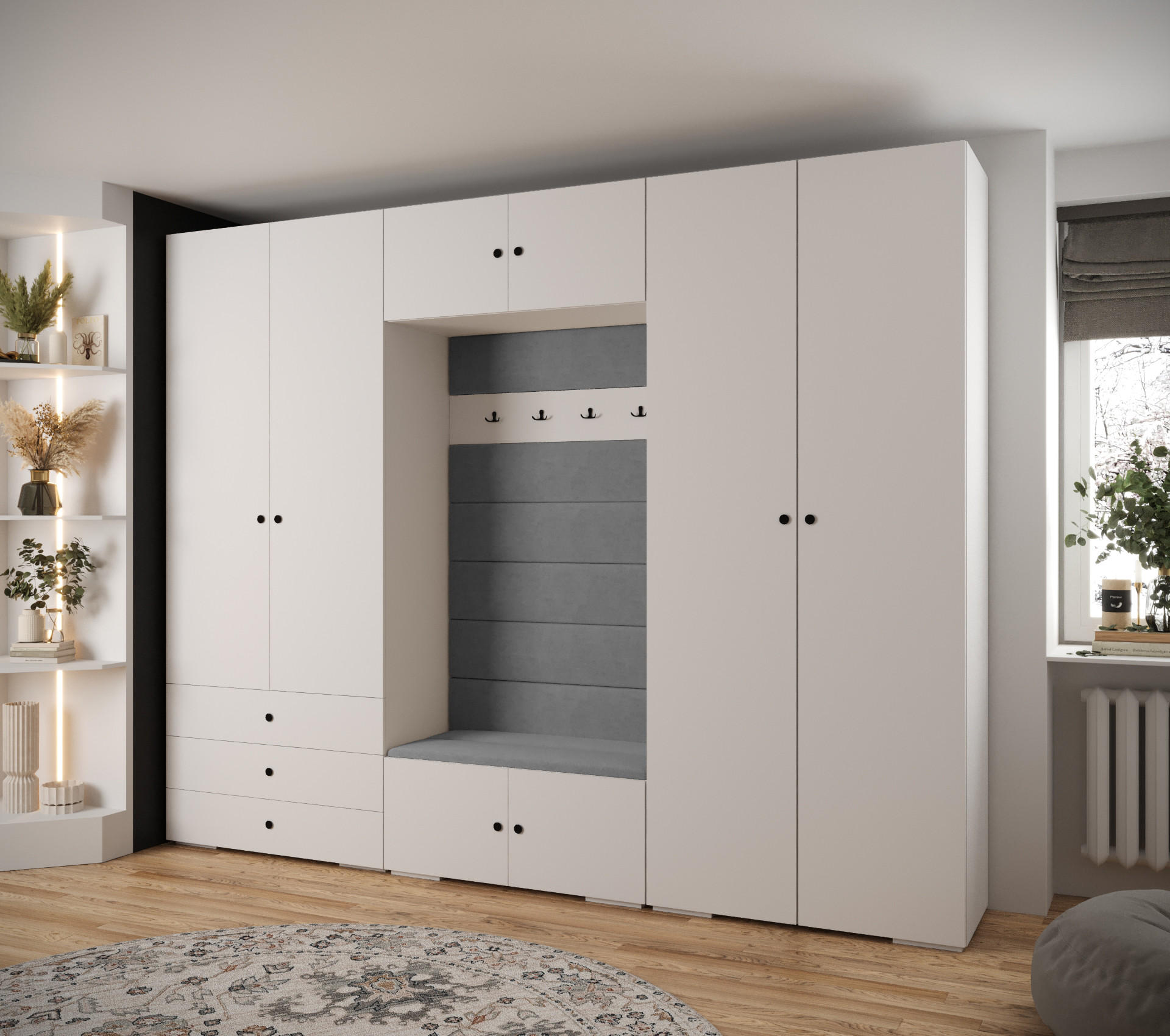 Thumbnail - Abiks Möbel Garderoben-Set, Weiß, Grau, Schwarz, Metall, Nachbildung, 2-Sitzer, 14 Fächer, 300x236.7x47 cm, Garderobe, G...