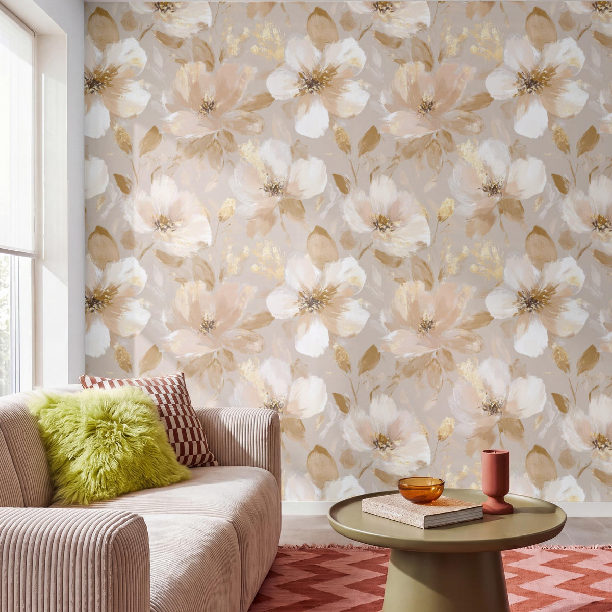 TAPETE - Blumen - künstlerisch - Gold - 280x280 cm - Beige, Papier (280/280cm) - OnlyWow