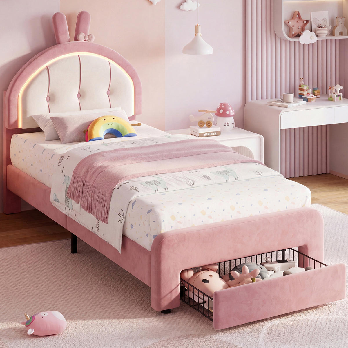 KINDERBETT 90 x 200 cm mit LED Hasenohren Kopfteil,Polsterbett mit Lattenrost, Samtstoff, Mit Schubladen,für Kinder, Mädchen - Pink, Holz/Holzwerkstoff (90/200cm) - BursDany