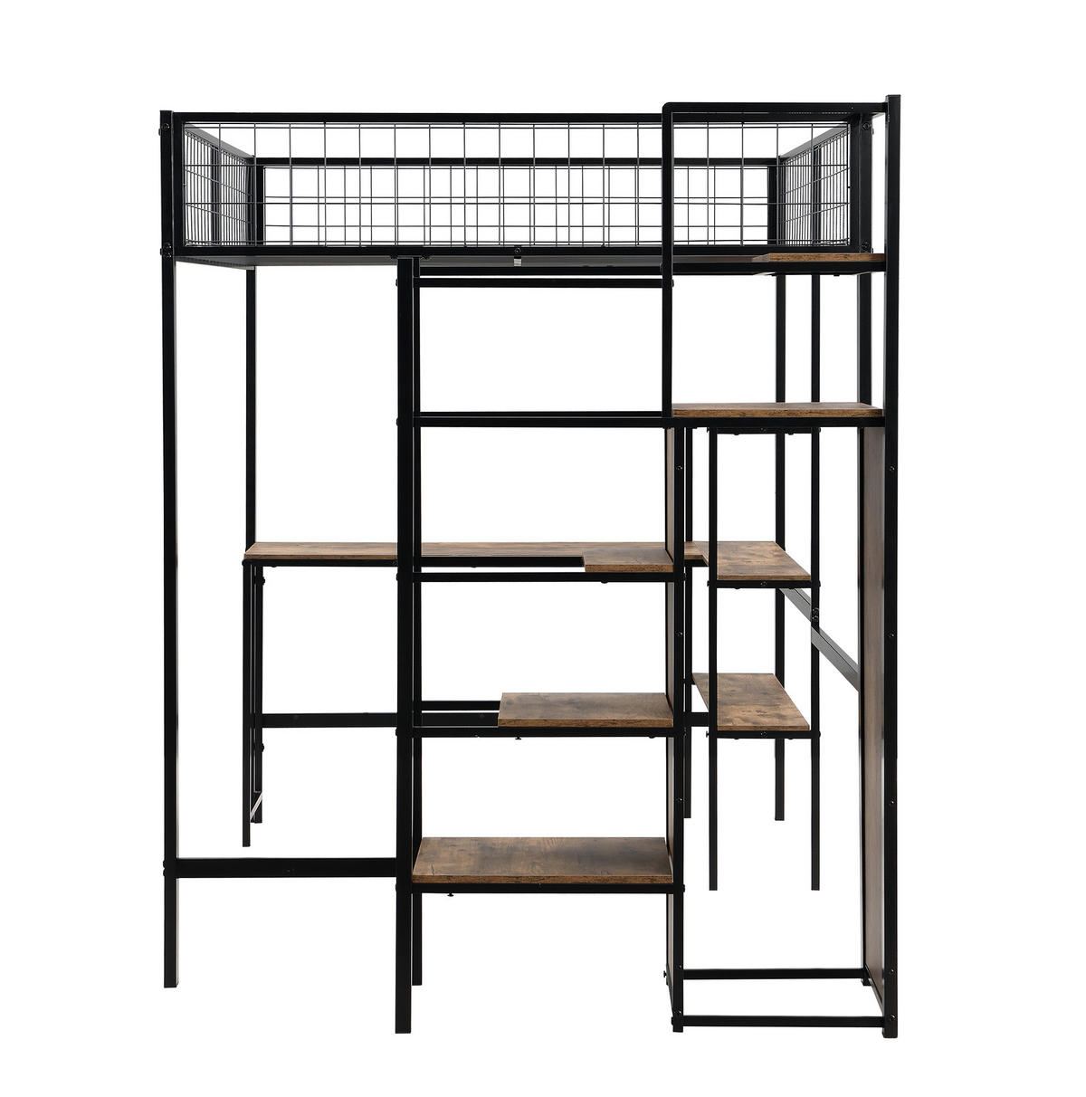 VISOKA postelja 140/200 cm črna in rjava s pisalno mizo, policami in omaro iz MDF in kovine - črna, kovina (140/200cm) - OKWISH