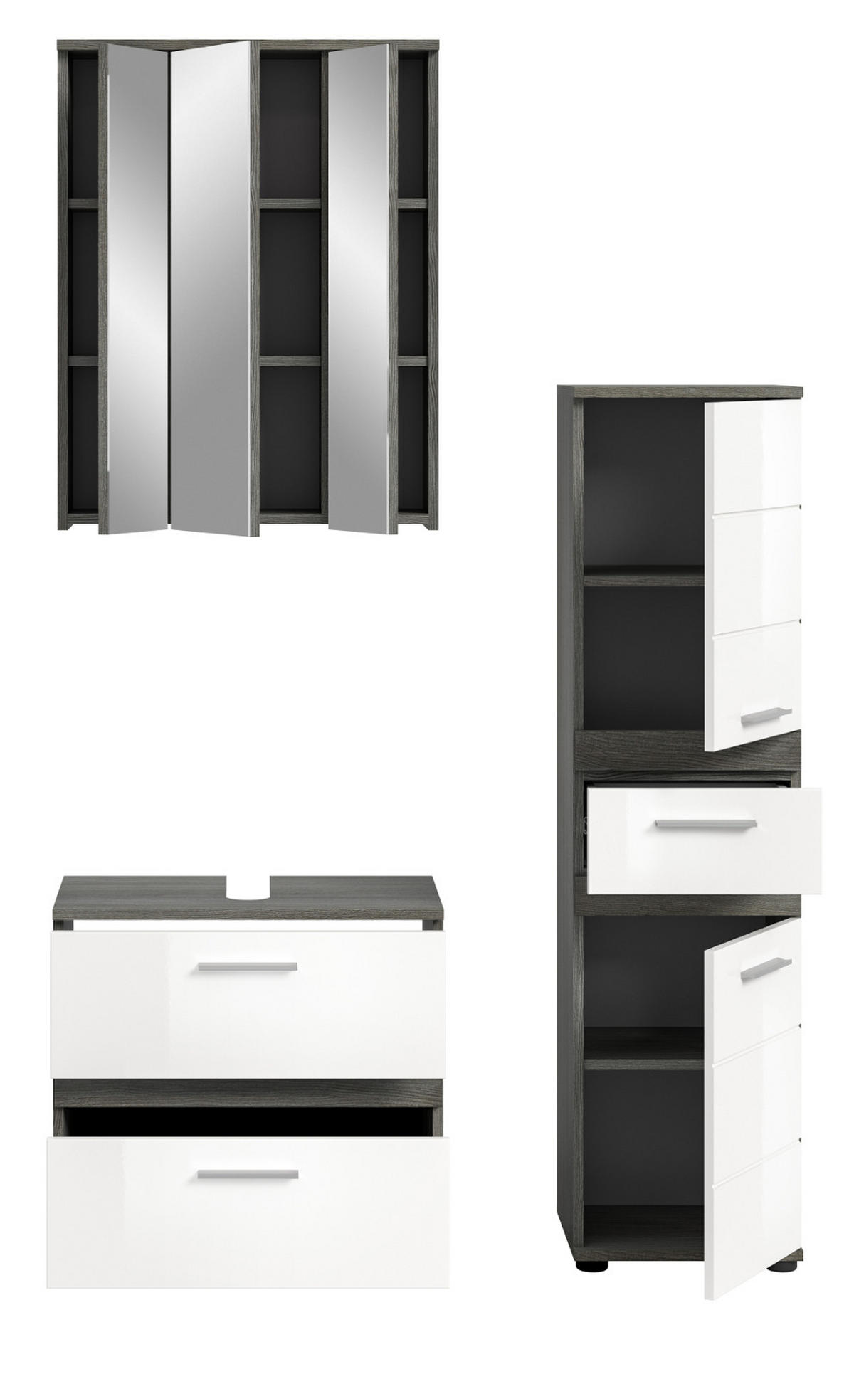 BADMÖBEL-SET weiß Hochglanz. grau 3-teilig 110 cm, Kombination mit viel Stauraum - Weiß Hochglanz/Grau, Holzwerkstoff/Metall (110/191/34cm) - Inn.Furn