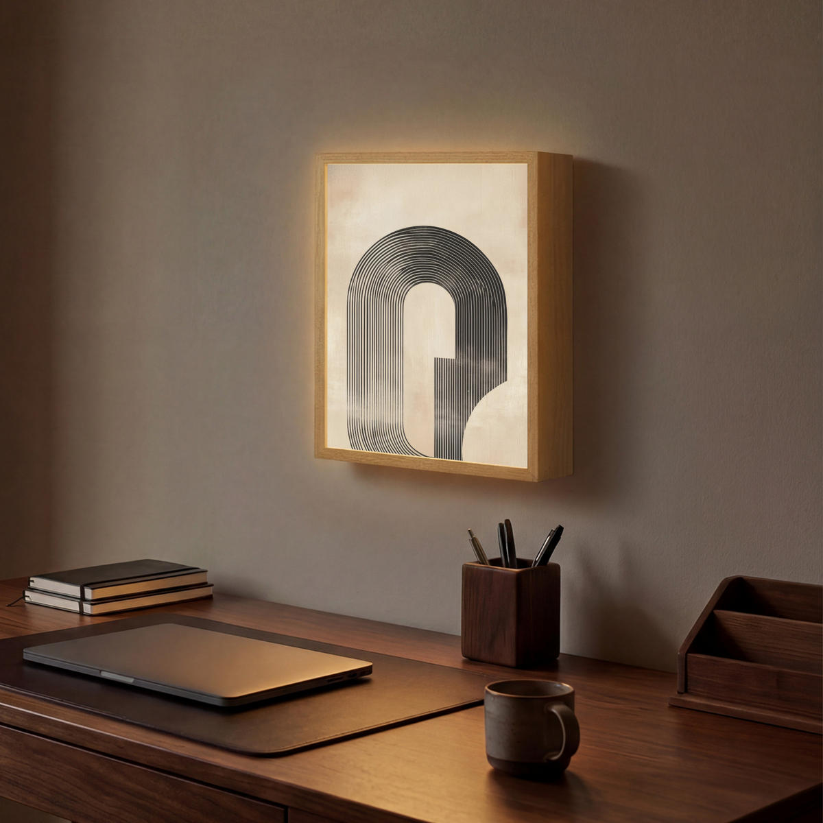 NÁSTĚNNÁ LAMPA S AKUMULÁTOREM Luk - Pruhy - Minimalistický - Černý 30x40 cm - béžová, kompozitní dřevo (30/40/8cm) - OnlyWow