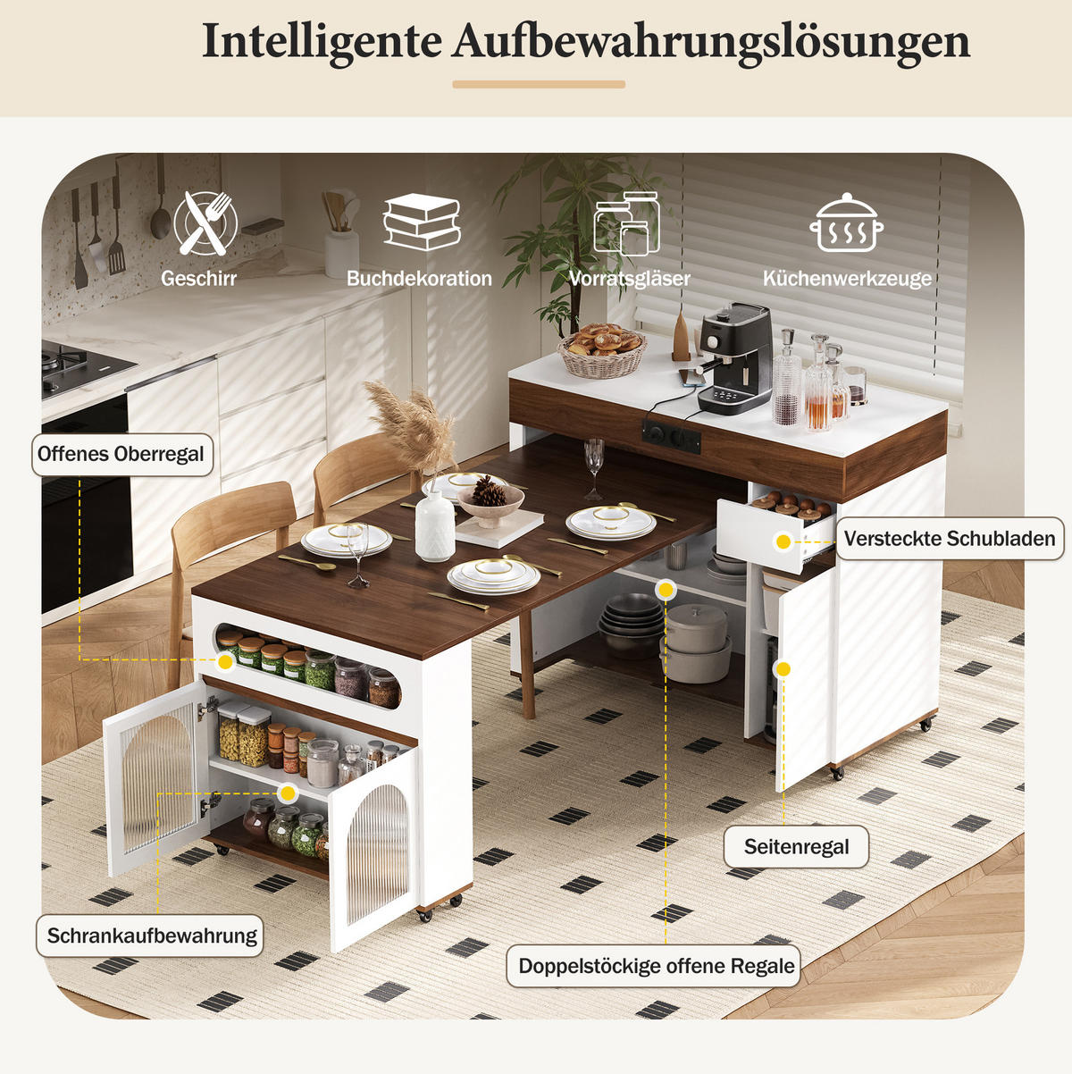 KÜCHENINSEL 50,5-187,5/110,5/95,5 cm aus MDF mit ausziehbarer Tischplatte Weiß/Walnussfarben - Walnussfarben, Holzwerkstoff (110.5/95.5/50.5cm) - Modenvie