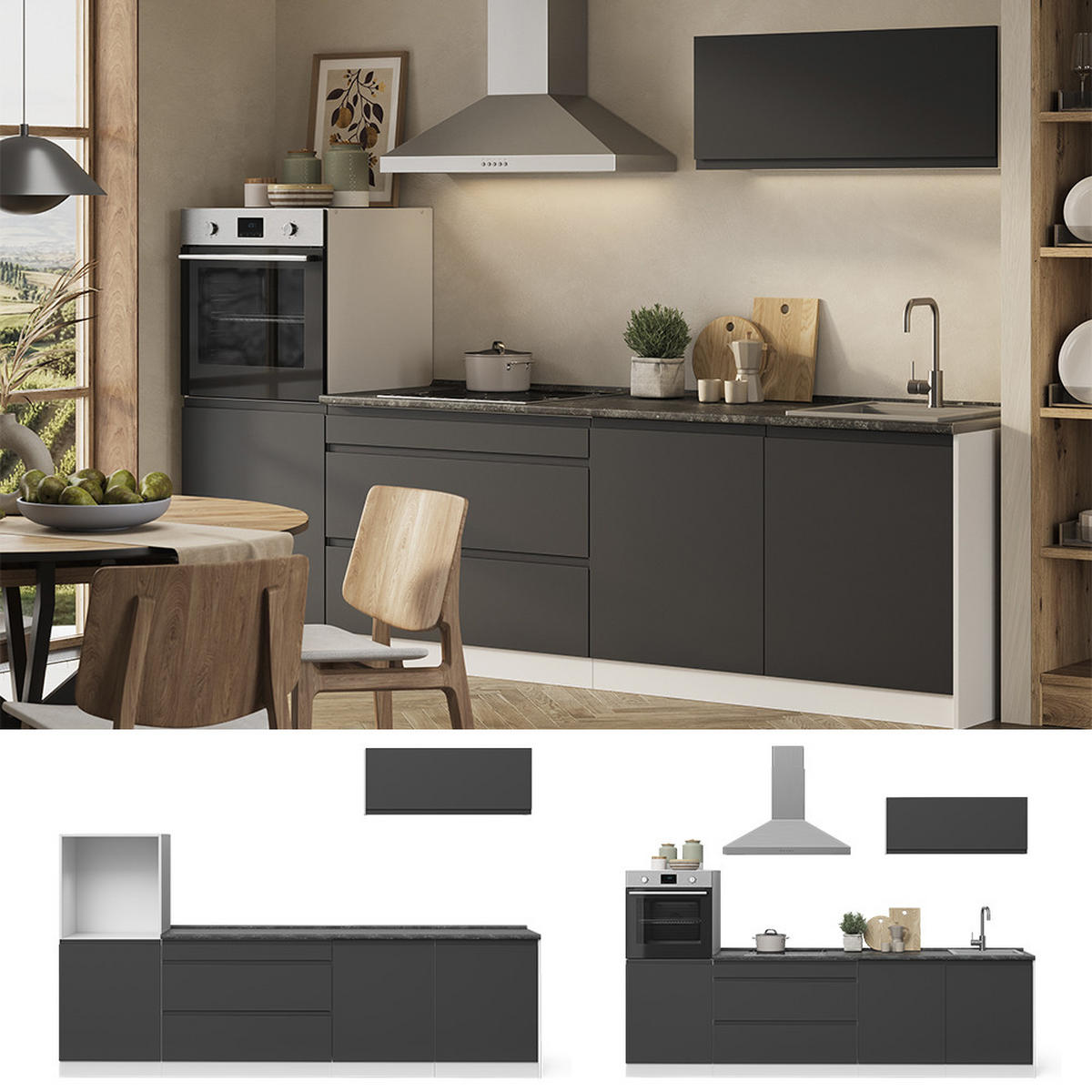 KÜCHENZEILE R-Line, Anthrazit/Weiß, 280 cm Arbeitsplatte Satin - Anthrazit/Weiß, Holzwerkstoff (280/143/60cm) - Vicco