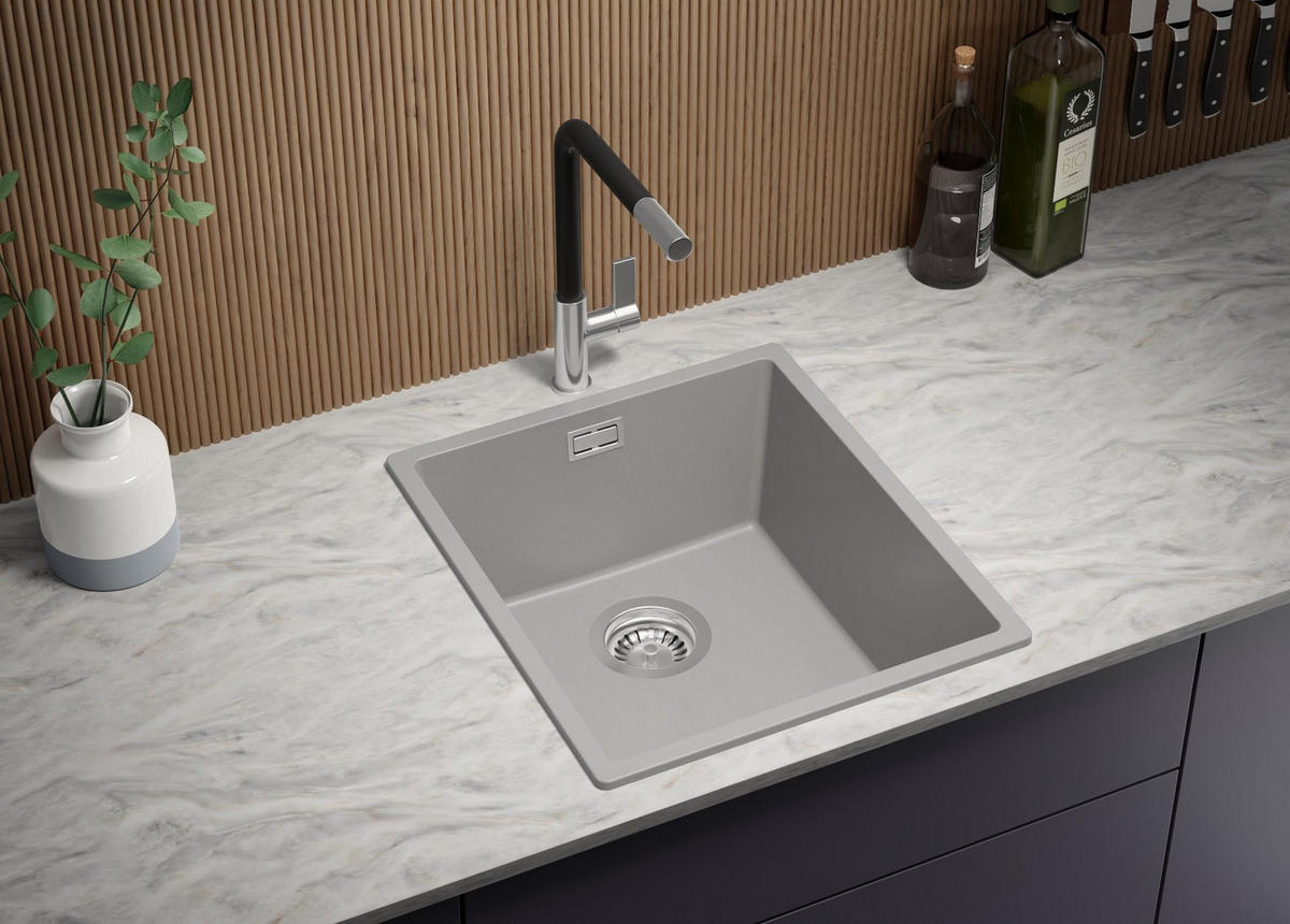 GRANITSPÜLE London Slim, 2-er set Grau 41/47 cm 1 Becken + Küchenarmatur 40/20 cm + Ablauf-Set ab 45er Unterschrank - Grau, Kunststoff (41/20/47cm) - Primagran