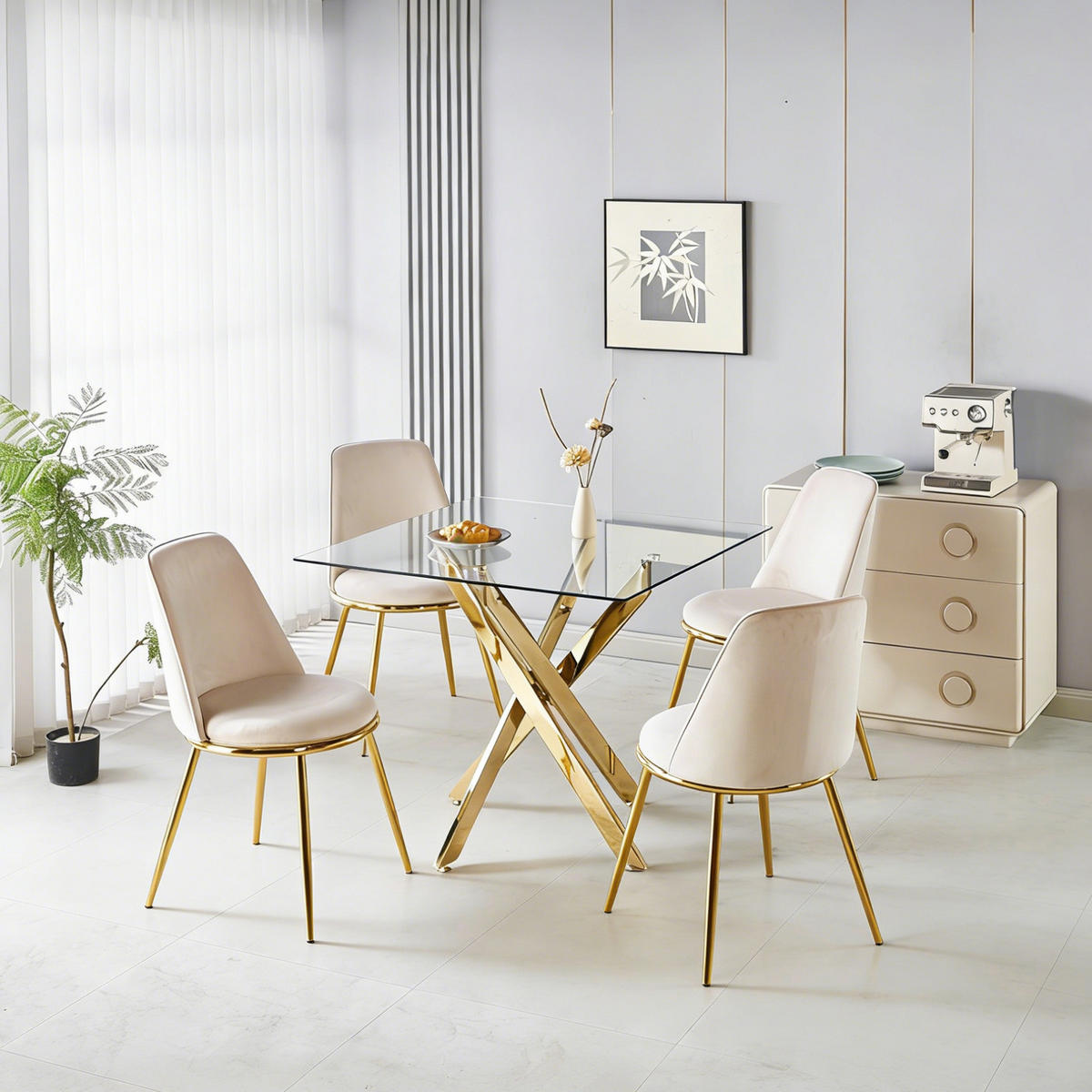 ESSGRUPPE DE-39335 5-teilig, mit 4 Samtstühlen Gold - Goldfarben, Metall (80/75/80cm) - ComfortXL