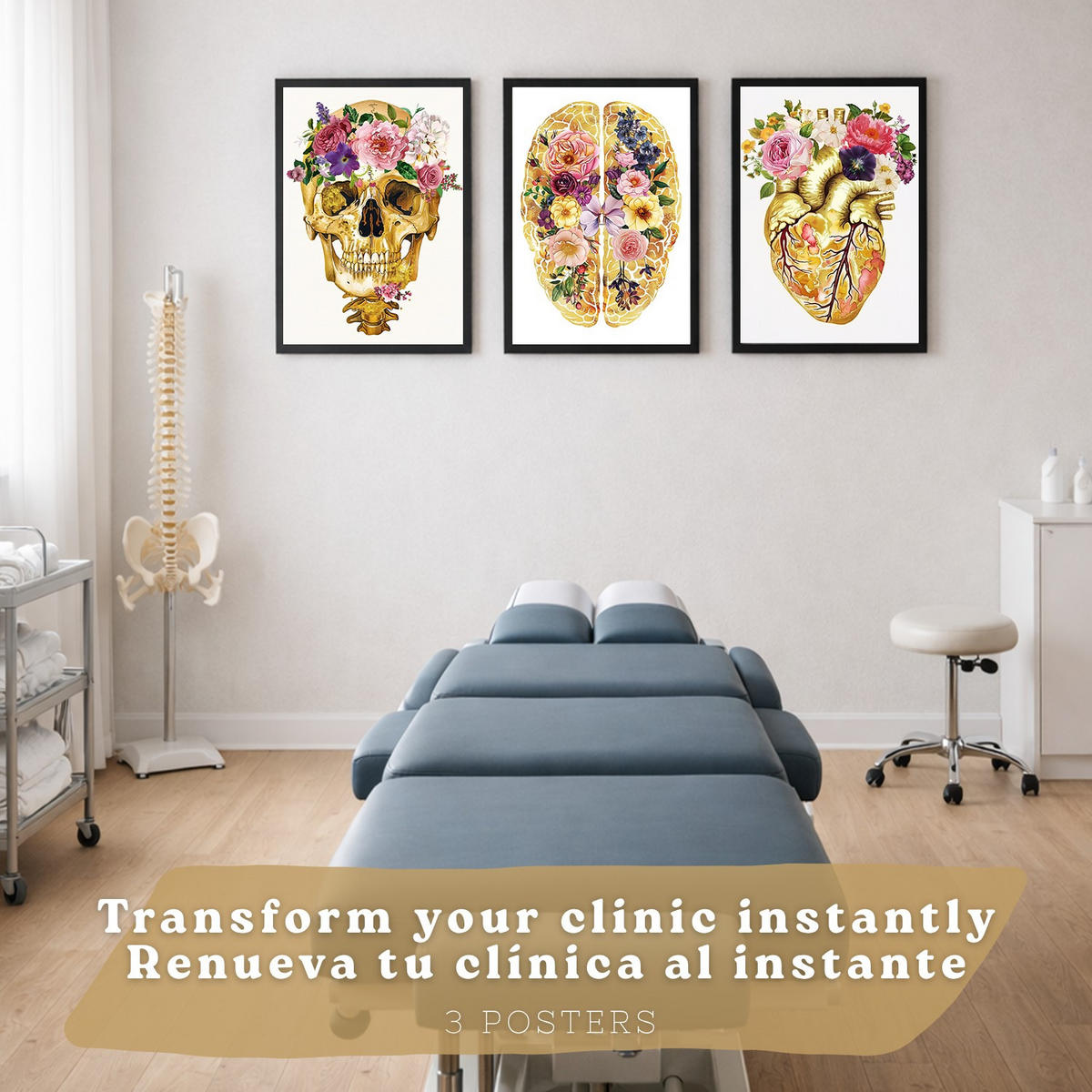 POSTER Set aus 3 Anatomie Mensch Drucke und mit Schädel Gehirn und Herz Goldene Florale Künstlerische Illustration Größe Schwarzer Rahmen A4 - Schwarz, Papier (21/29.7/3cm) - Nacnic