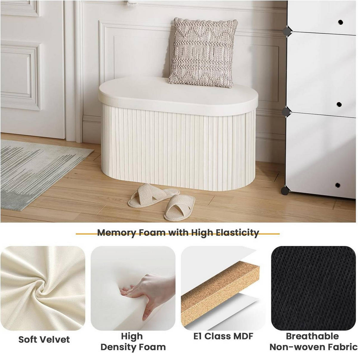 SITZHOCKER mit Deckel Stauraum, 76x38x38 cm, Creme - Creme, Textil (78/38/38cm) - Woltu