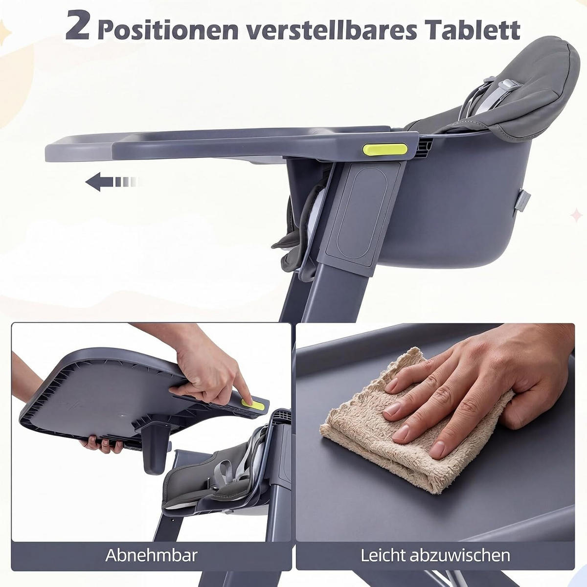 KINDERHOCHSTUHL mit verstellbarem Tablett grau - Grau, Metall (66/90/55cm) - COSTWAY