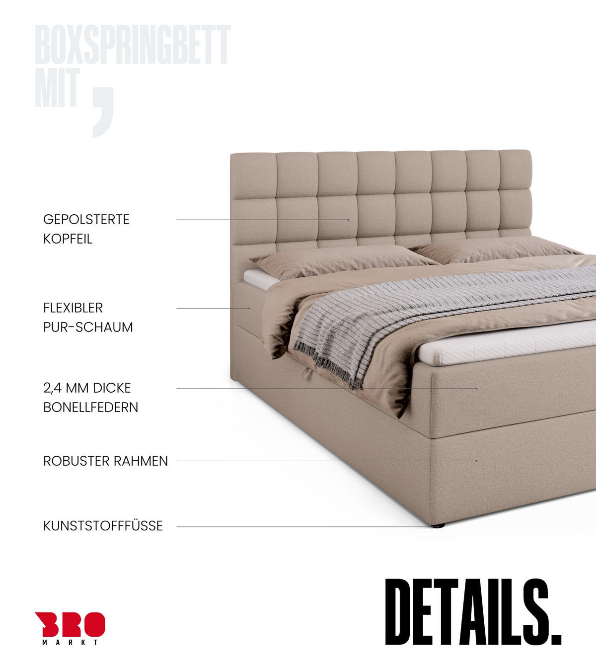 BOXBETT Dakota mit Topper 160/200 Beige - Beige, Textil (160/200cm) - Bromarkt