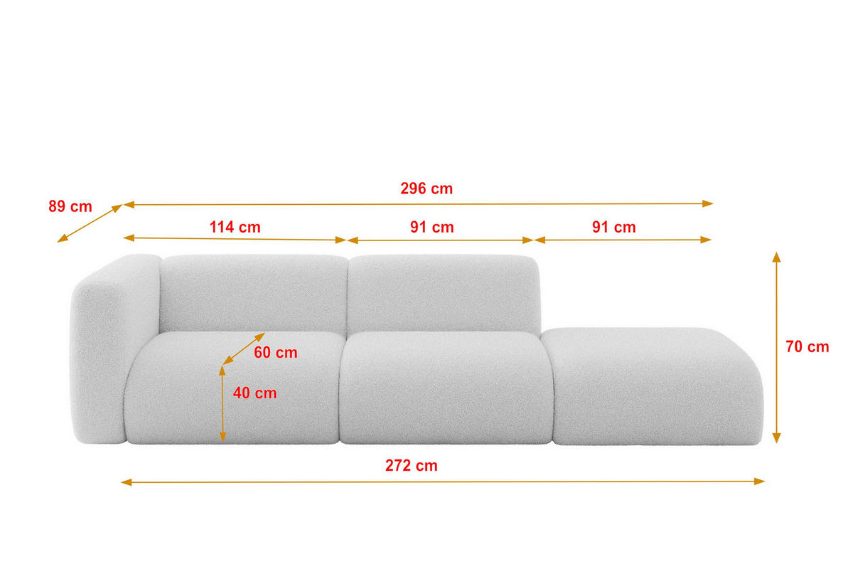 SOFA Ottomane Links MIRA-S3 296x89x70 Hellgrau Bouclé - Silberfarben/Hellgrau, Holzwerkstoff/Kunststoff (296/70/89cm) - ALTDECOR