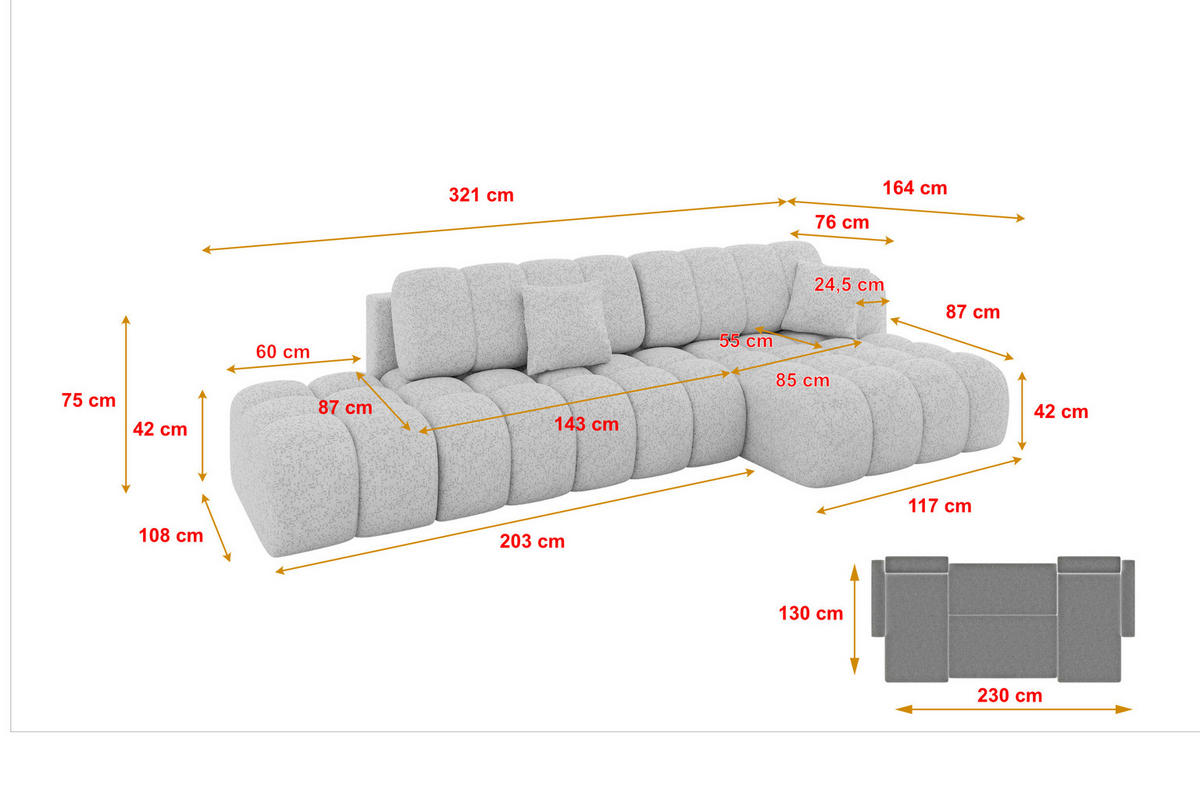 ECKSOFA mit Schlaffunktion Ottomane RECHTS OLEA-L2 321x164x75 Grau Tissu - Graphitfarben/Schwarz, Holzwerkstoff/Kunststoff (164/321cm) - ALTDECOR