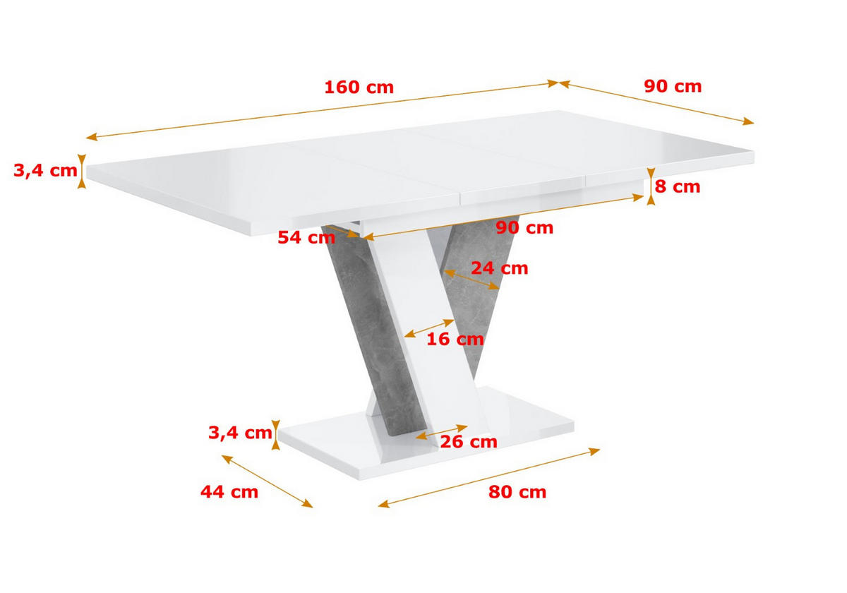 ESSTISCH ausziehbar 120 -160x90x75 cm - Hochglanz Weiß/Betonoptik - INEY - Weiß Hochglanz, Holzwerkstoff (120/90/75cm) - ALTDECOR