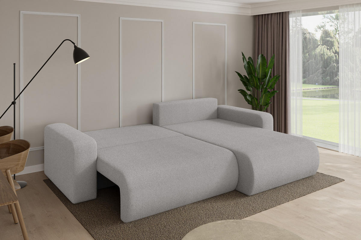 ROHOVÁ SEDAČKA s funkcí spaní, otoman vpravo BERY-L 276x193x88 světle šedá bouclé - černá/stříbrná, kompozitní dřevo/textil (276/193cm) - ALTDECOR