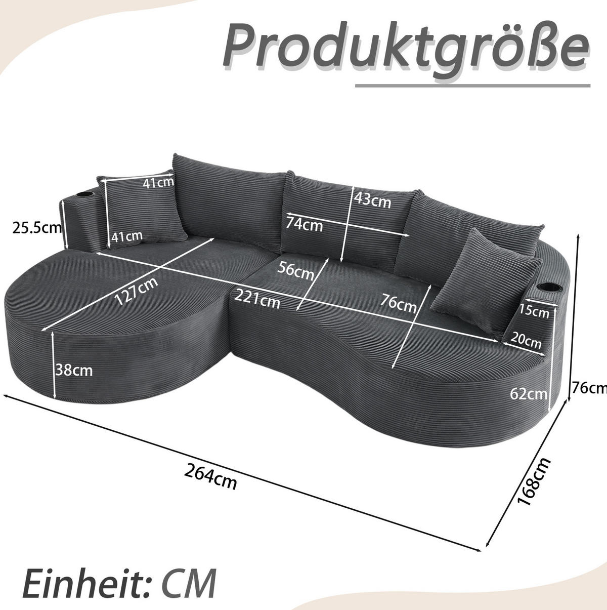 SOFA 3-Sitzer bogenförmig Kordstoff Grau mit Getränkehaltern - Grau, Textil (168/264cm) - Meubliv