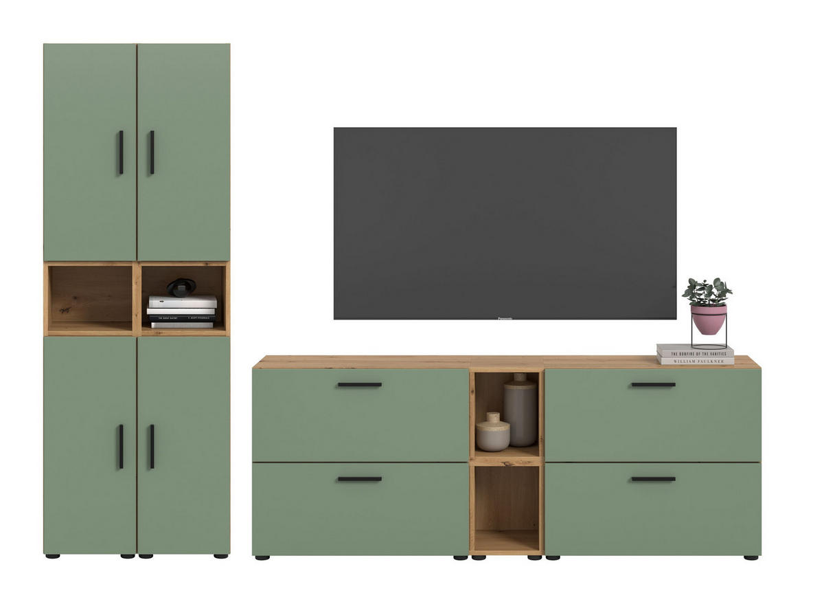 WOHNKOMBINATION THE ONE (B/H/T: ca. 259/182/34 cm) in Artisan Oak Nachbildung/Smoke Green - Eiche Artisan, Holzwerkstoff (259/182/34cm)