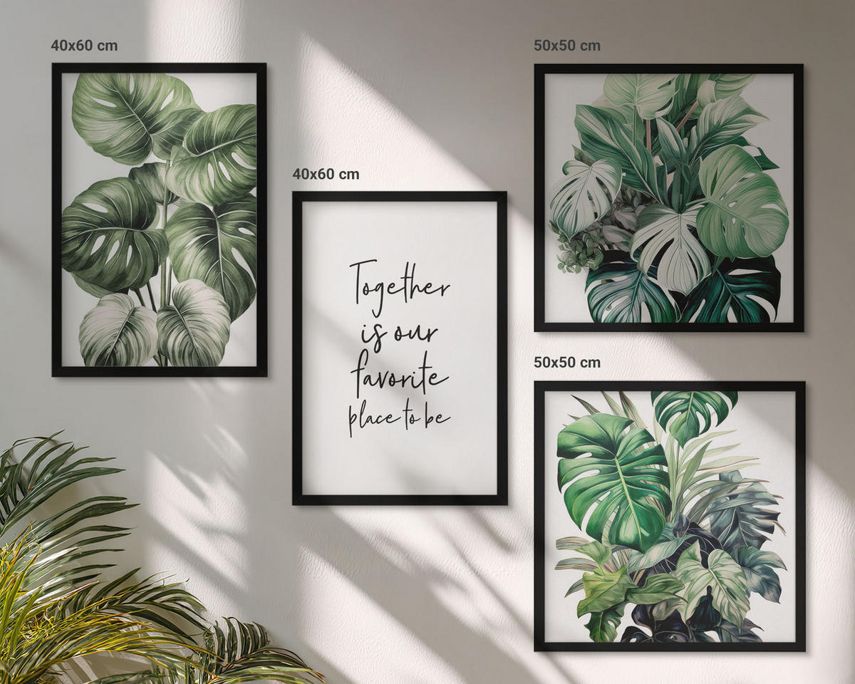 WANDBILDER 4er-Set - 50x50 cm & 40x60 cm Schwarzer Rahmen - Dekoration aus grünen tropischen Blättern - Schwarz, Kunststoff (50/50cm) - ArtPrintCave