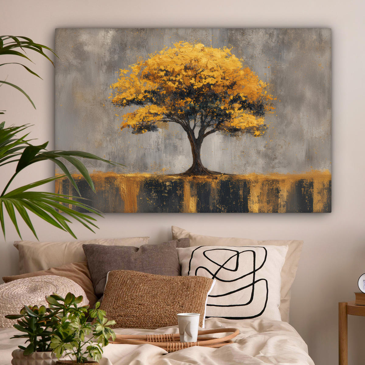 LEINWANDBILD Baum - Blätter - Gold - Abstrakt Wohnzimmer Groß 120x80 cm - Grau, Textil (120/80cm) - MuchoWow