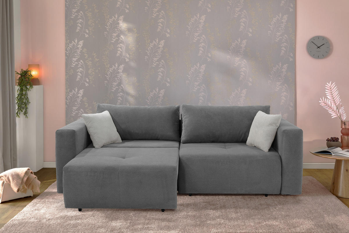 SCHLAFSOFA Verwandlung: Big-Sofa/Eckcouch, 2 Bettkästen, B243/T115-161/H84 cm, Liegefläche 145x197 cm, Waffelcord Grau / 15241 - Schwarz/Grau, Kunststoff/Textil (243/84/115cm) - luma-home