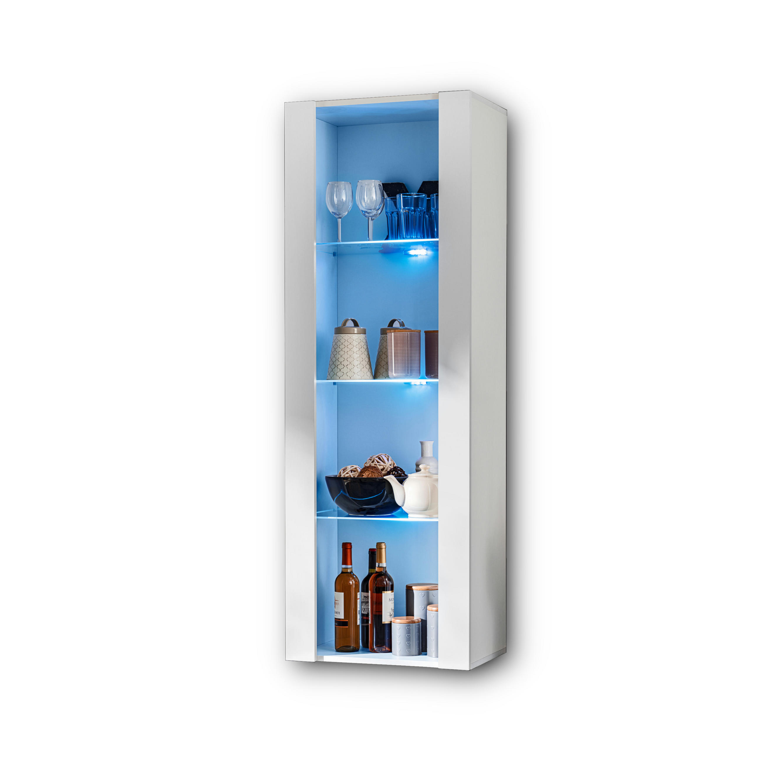 VITRINE TIVOLI, Weiß + Weiß, LED Blau - Weiß, Glas/Holzwerkstoff (55/159/35cm) - Komodee