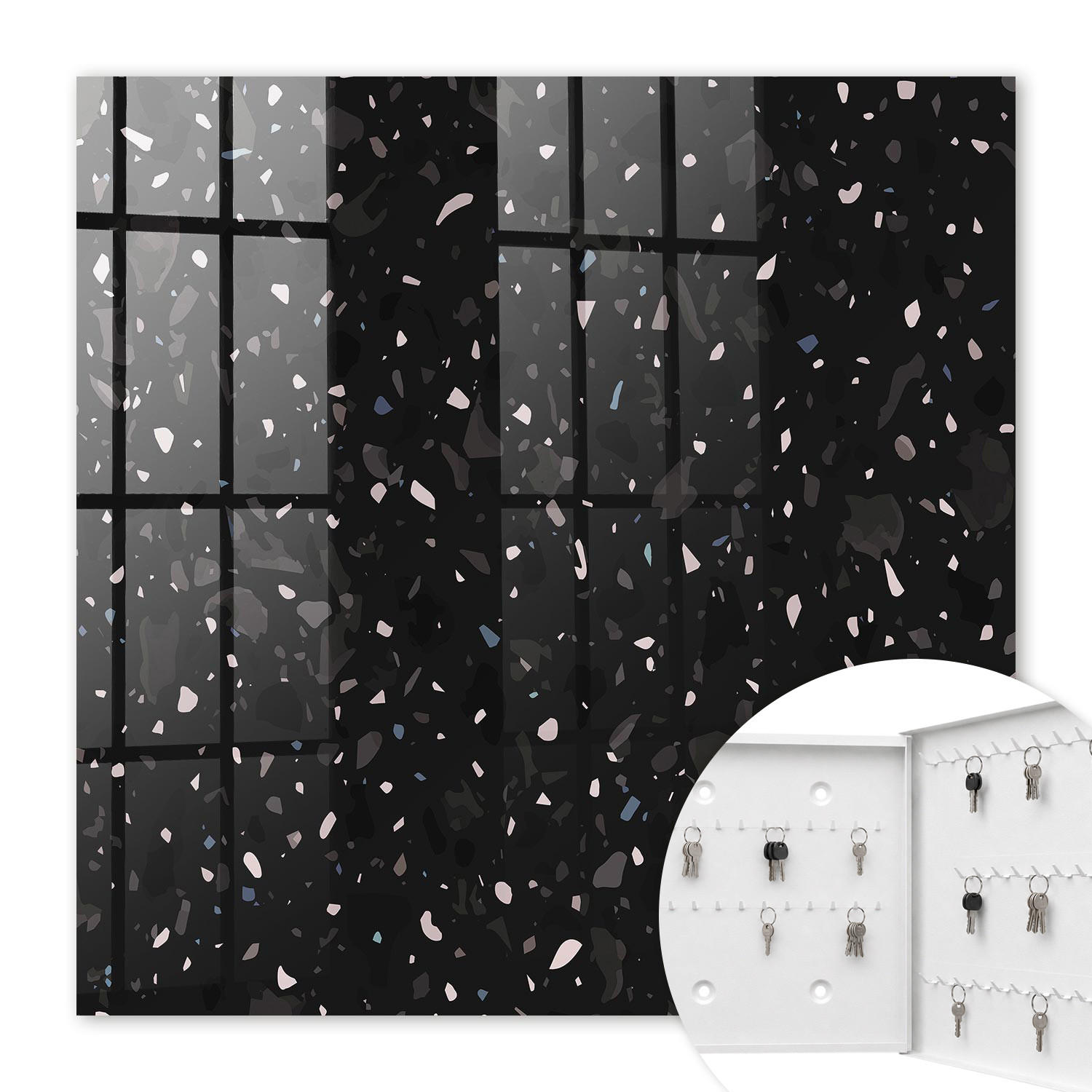 SCHLÜSSELBOX Weiß 30x30 cm – Türöffnung nach rechts - Weißer Terrazzo - Schwarz, Metall (30/30/5cm) - TULUP
