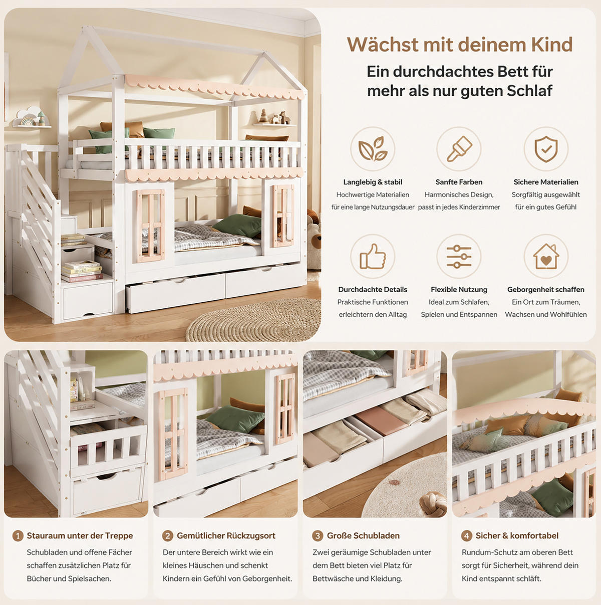 ETAGENBETT in Hausform 90x200 cm mit Stauraum Weiß/Natur - Weiß, Holzwerkstoff (90/200cm) - Beauniv