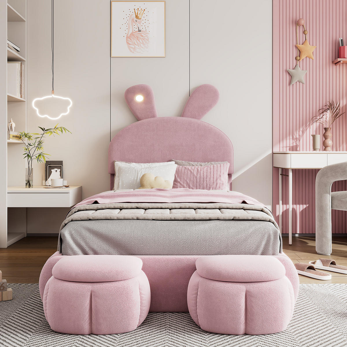 POLSTERBETT 90/200 cm aus Samt mit LED-Hasenohren und 2 Aufbewahrungshockern Rosa - Rosa, Textil (90/200cm) - Modenvie
