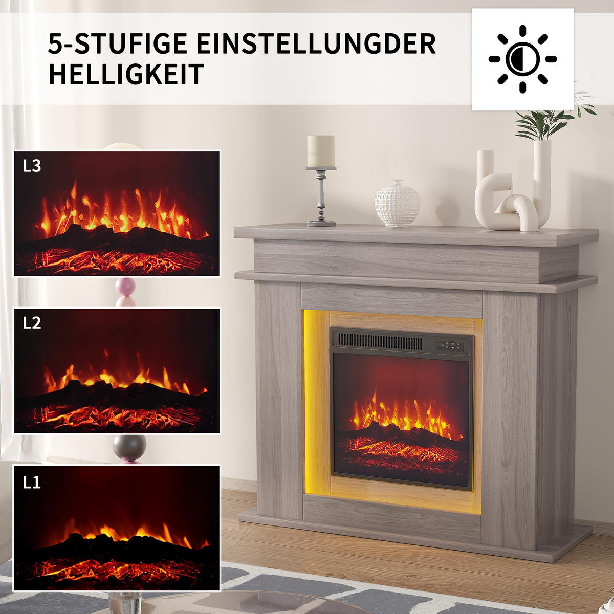 ELEKTROKAMIN freistehend 3D Flamme LED Dekokamin Eiche - Eichefarben, Holz (34.5/88.8/101cm) - LEBENLANG