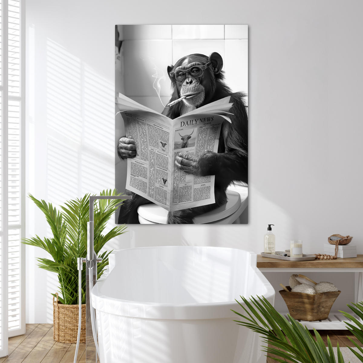 LEINWANDBILD Affe - WC - Zeitung - Schwarz-Weiß - Humor 80x120 cm - Hellgrau, Textil (80/120cm) - MuchoWow