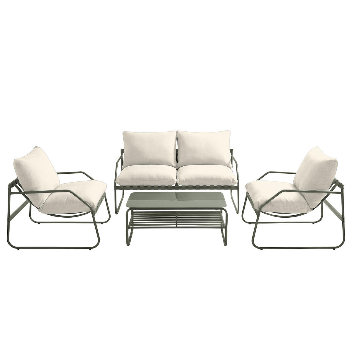 LOUNGEGRUPPE - 4-teilig - Stahl / Webstoff - Salbeigrün, Glas/Textil - home24
