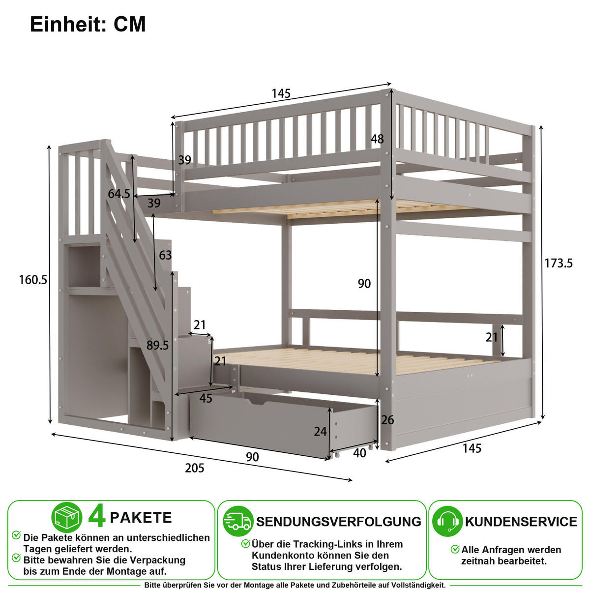PATROVÁ POSTEL 140/200 cm v šedé barvě s úložnými schody a zásuvkou - šedá, dřevo/kompozitní dřevo (140/200cm) - CHICFURN