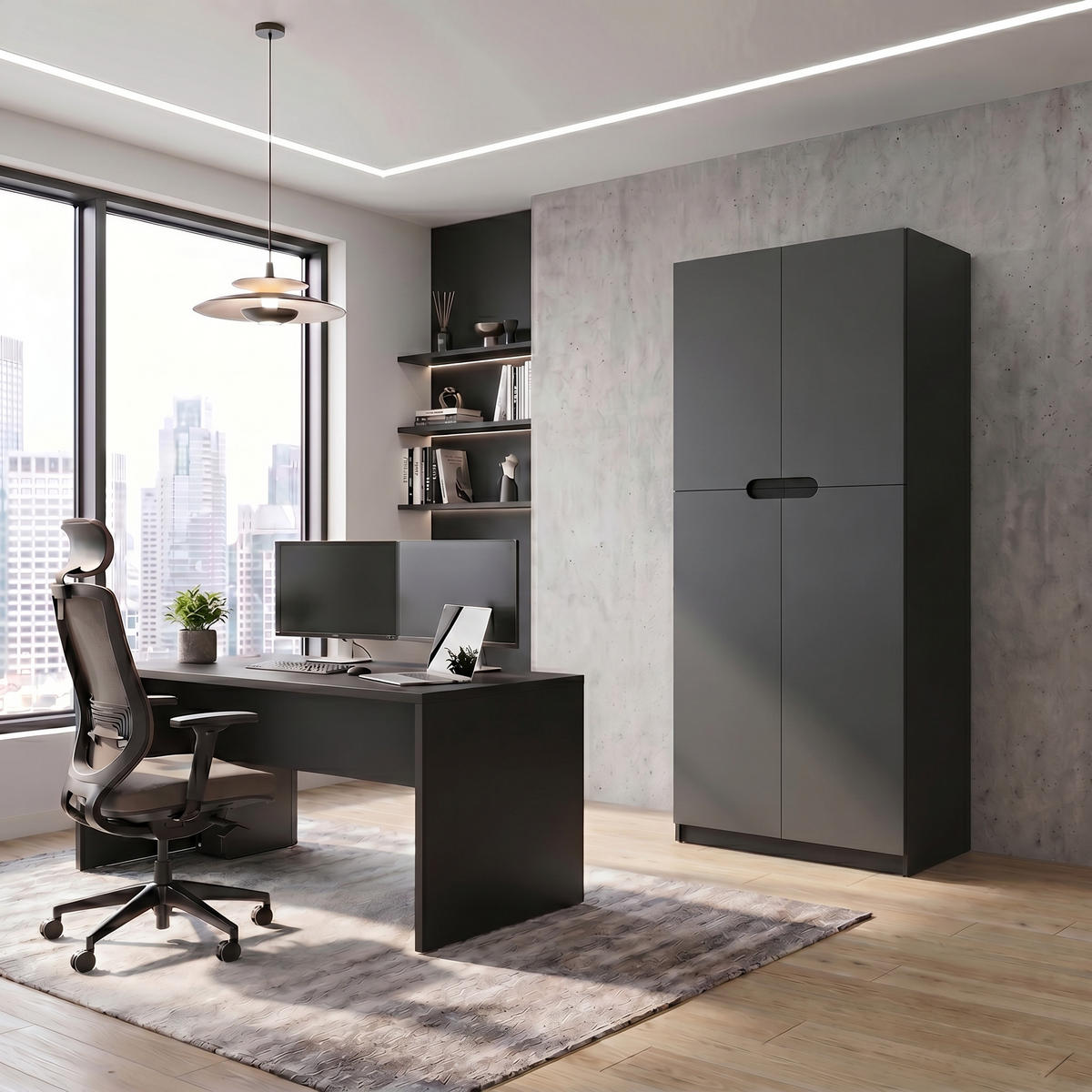 BÜROSCHRANK Logan Fronten in Graphit Seidenmatt - Graphitfarben, Holzwerkstoff (82/184/37cm) - Vladon